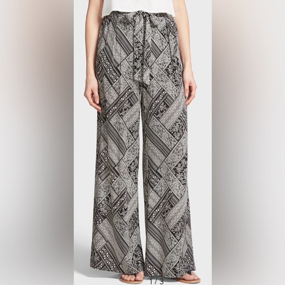 ASTR Womens Medium Black White Boho Festival Wide Leg Flowy Pull On Tie Pants